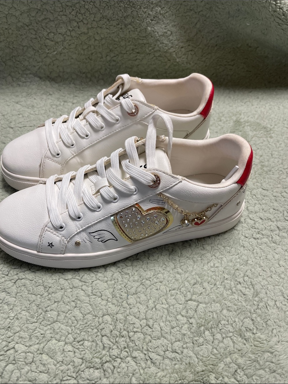 Aldo White Sneakers with Gold Heart Charm and Red Heel Tab